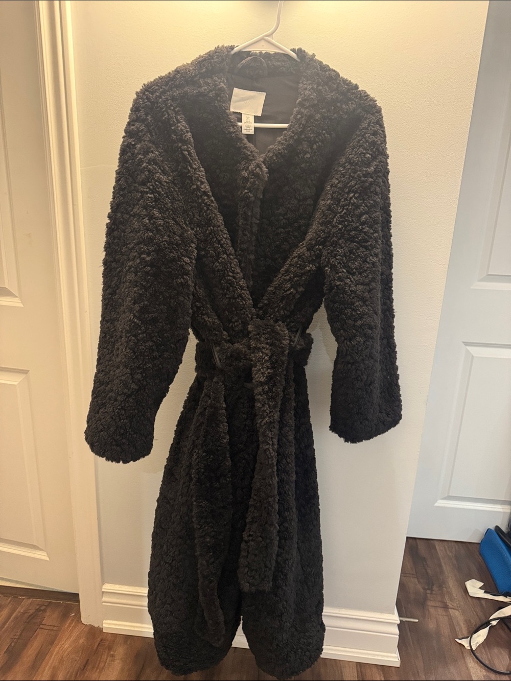 H&M Black Plush Teddy Wrap Coat with Belt